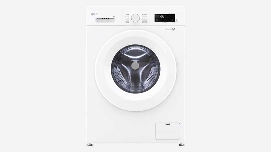 White LG front loading washing machine featuring a round transparent door, simple control panel with programme dial and digital display.