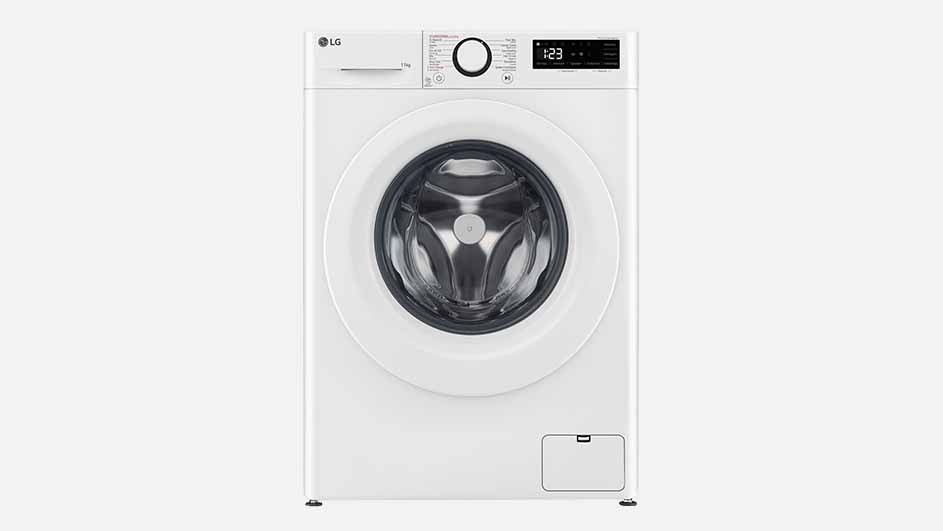Vooraanzicht van een witte LG F4WR3011S3W wasmachine met een ronde zwart-zilveren deur, een centrale draaiknop en een digitaal display rechtsboven.