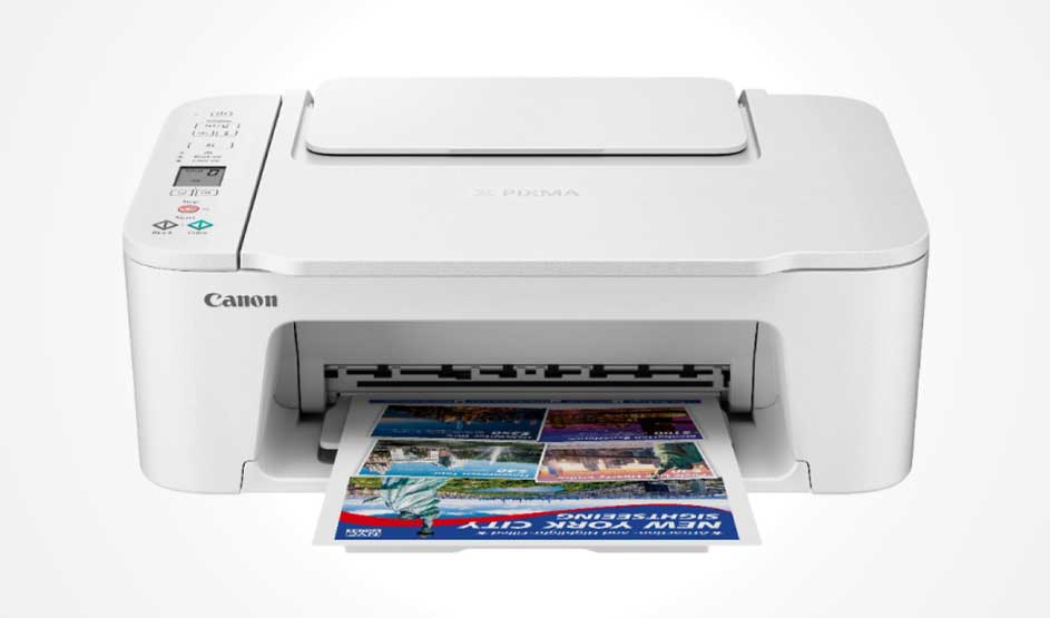A white Canon printer on a light background, with left-side buttons and a colourful page coming halfway out of the output slot.