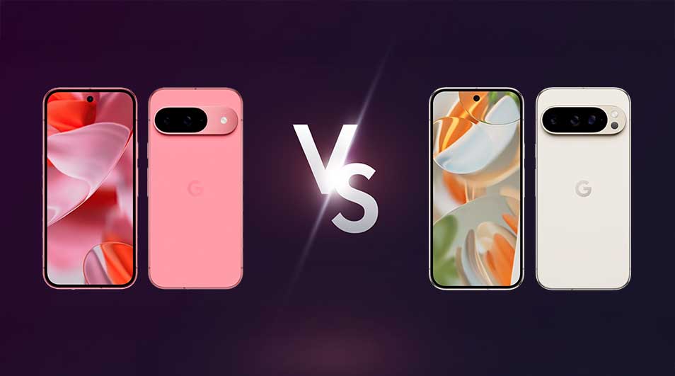 Twee smartphones worden vergeleken: links een roze model met kleurrijk scherm, rechts een wit Google-toestel met oranje wallpaper.