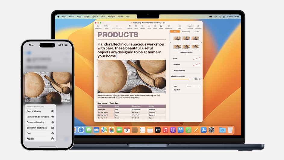 A laptop displays a document with product images, next to a smartphone showing a similar image with sharing options.
