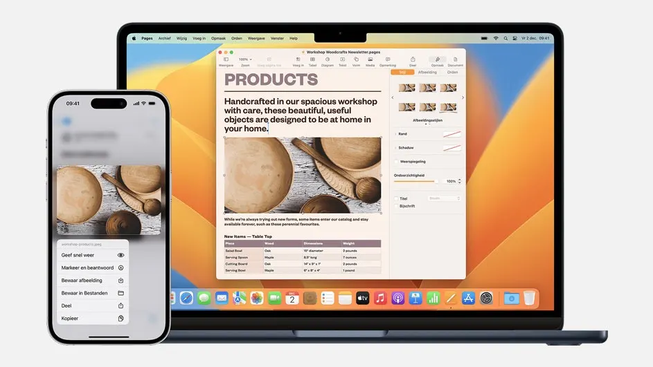 A laptop displays a document with product images, next to a smartphone showing a similar image with sharing options.