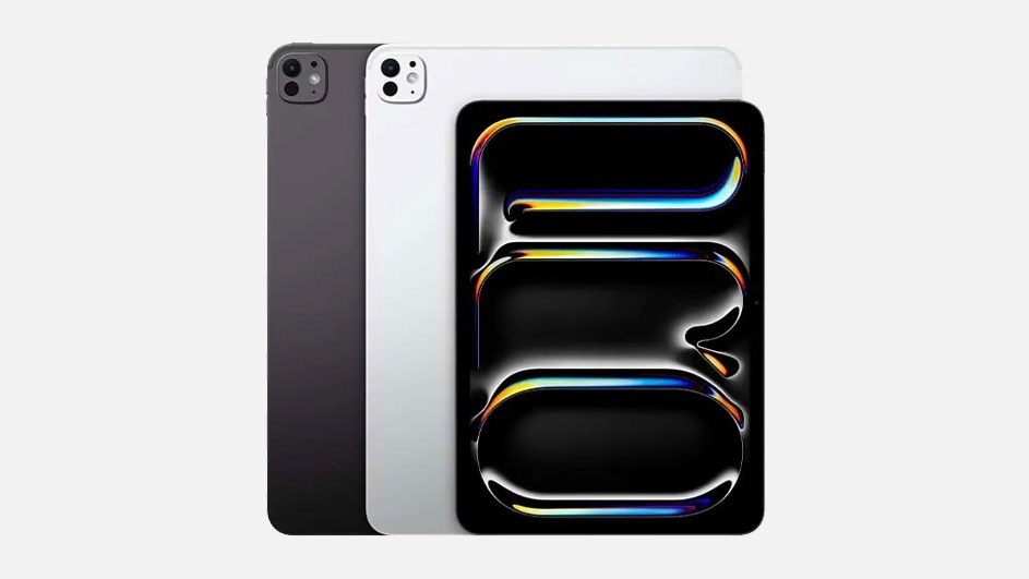 Three overlapping tablets: black, silver and white backs, front screen shows glossy black pattern with neon colours on pale background.