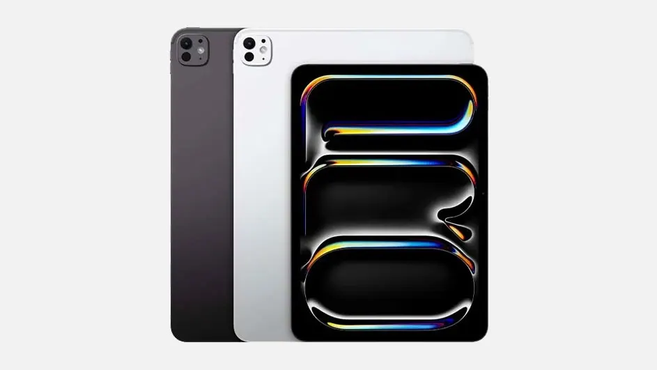 Three overlapping tablets: black, silver and white backs, front screen shows glossy black pattern with neon colours on pale background.