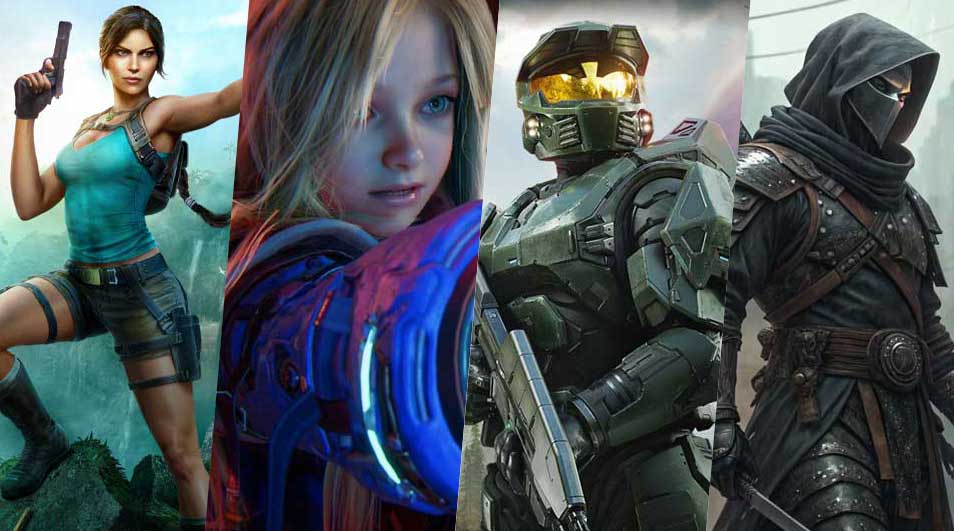 Een collage met meerdere gamehelden: gewapende avonturier, glamoureuze vrouw, cartoonfiguren, sci-fi meisje, gemaskerde krijger en futuristische soldaat.