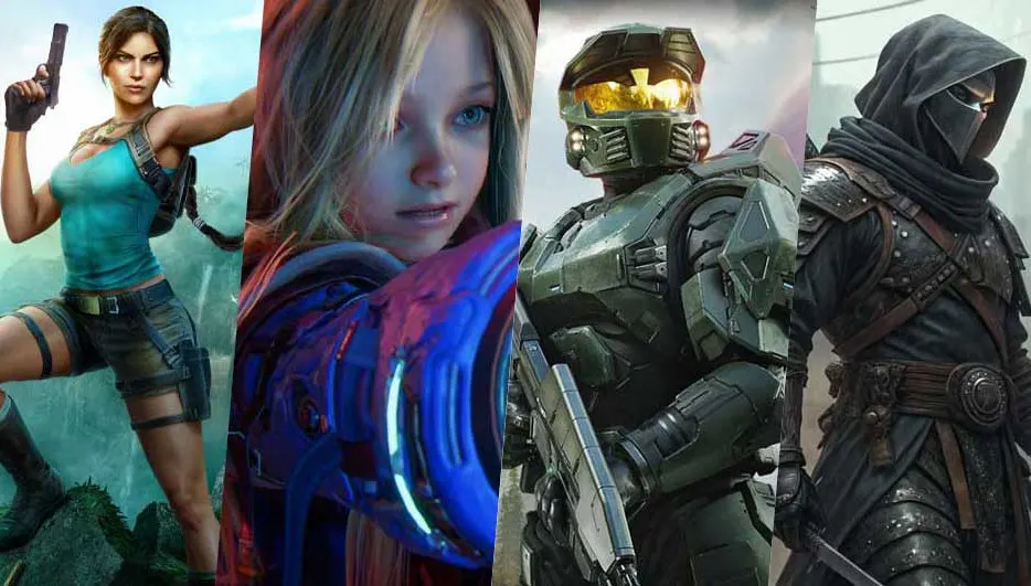 Een collage met meerdere gamehelden: gewapende avonturier, glamoureuze vrouw, cartoonfiguren, sci-fi meisje, gemaskerde krijger en futuristische soldaat.