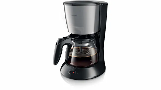 Een Philips koffiezetapparaat, deels zwart en deels zilver, met een glazen kan gevuld met koffie.