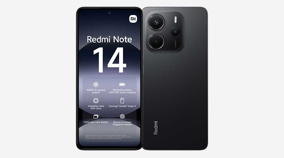 Black Redmi Note 14 smartphone with front and back view, tall display showing grey spec icons and a large rounded triple camera module on rear.