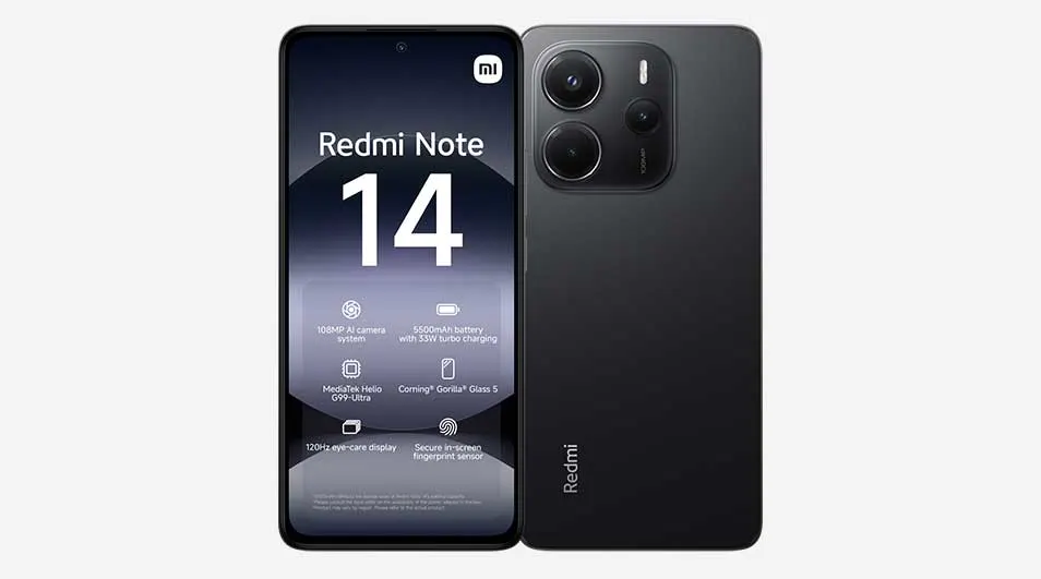 Black Redmi Note 14 smartphone with front and back view, tall display showing grey spec icons and a large rounded triple camera module on rear.