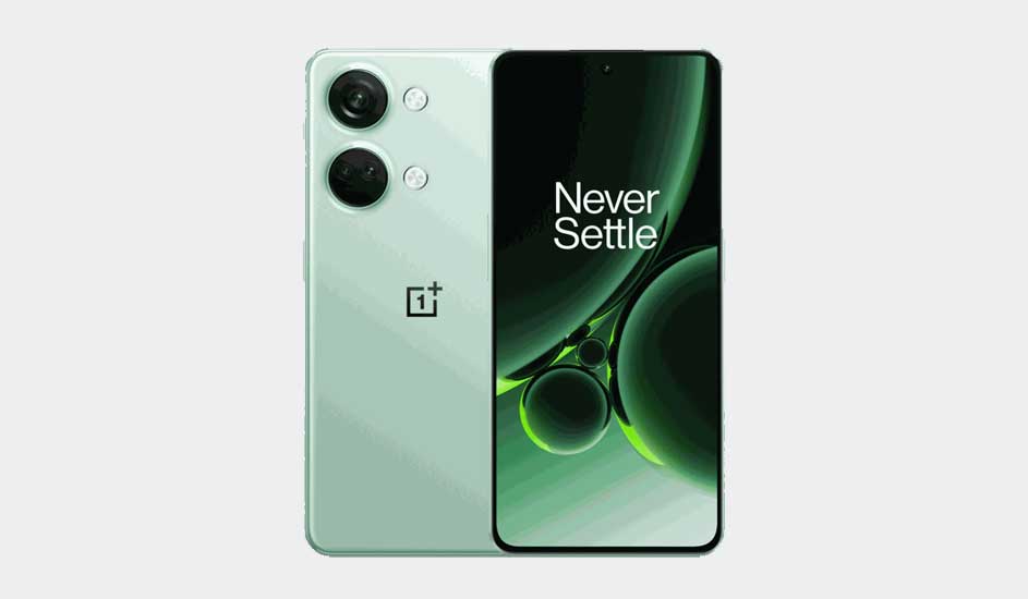 Een groene OnePlus-smartphone met twee camera’s en groot display. Op het scherm staat “Never Settle” en het OnePlus-logo is zichtbaar.