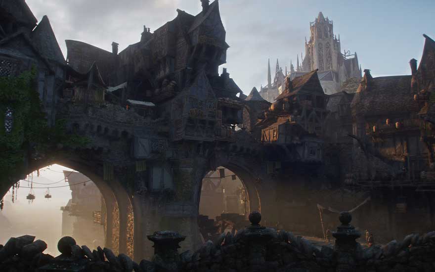 A cramped medieval town of timbered houses and high arches rises in the shadow of an imposing castle towering on the hill.