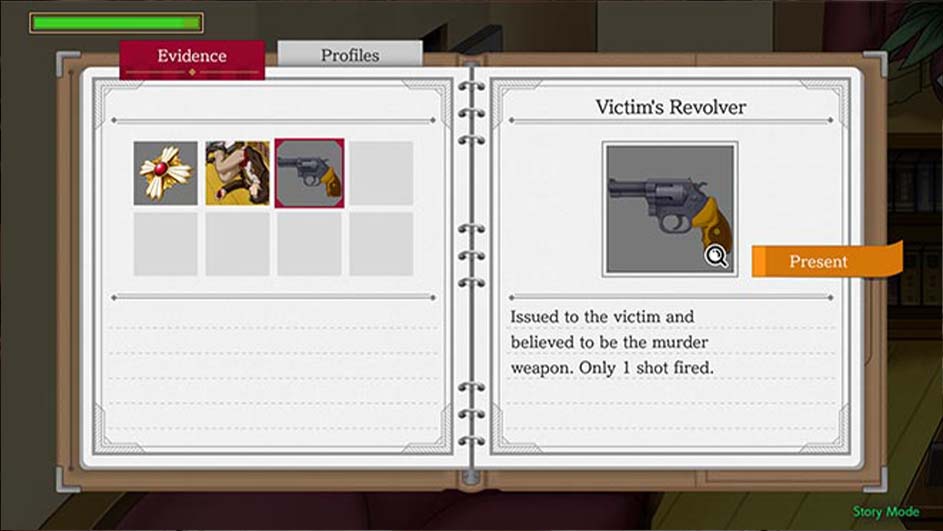 Open boek met bewijsstukken, waaronder een gouden broche, een persoon en een revolver. De revolver wordt beschreven als het moordwapen van het slachtoffer.