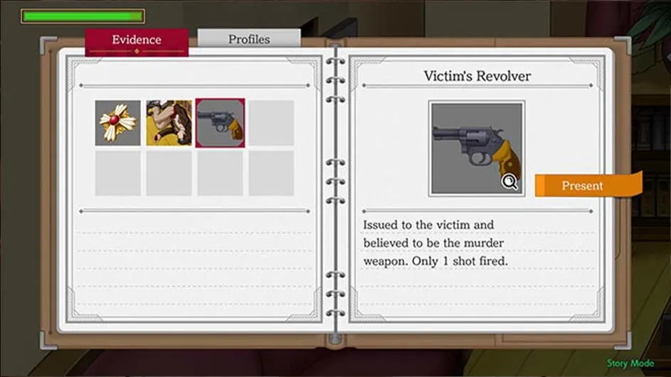 Open boek met bewijsstukken, waaronder een gouden broche, een persoon en een revolver. De revolver wordt beschreven als het moordwapen van het slachtoffer.