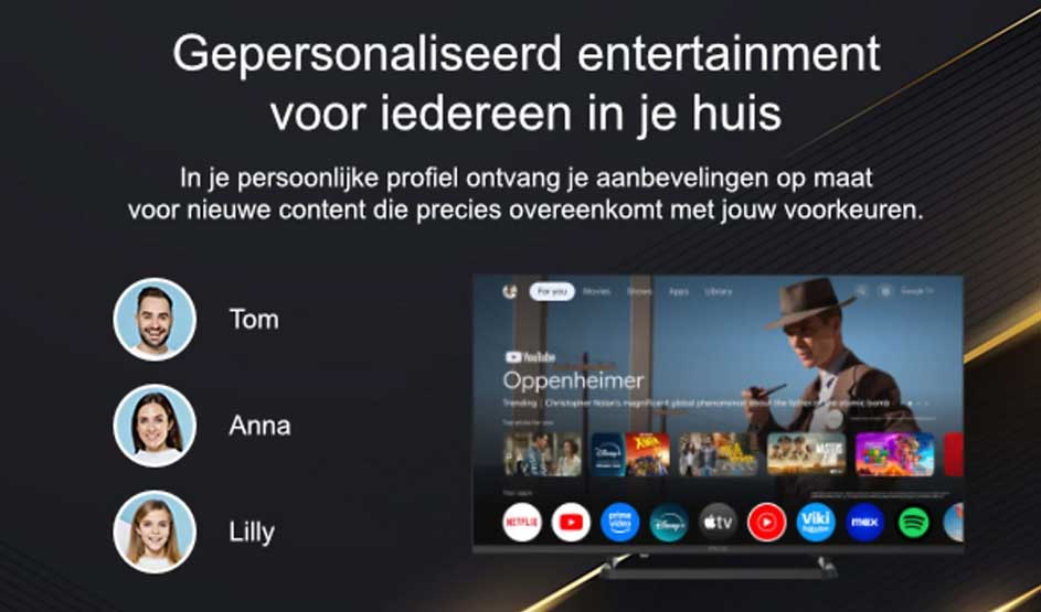 Een televisie toont een persoonlijk profielmenu met aanbevelingen, namen Tom, Anna en Lilly, en apps als Netflix en Spotify.