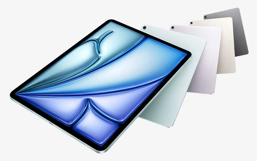 Angled tablet with blue purple abstract artwork on screen, flanked by several coloured backs, highlighting slim design and stylish finish.