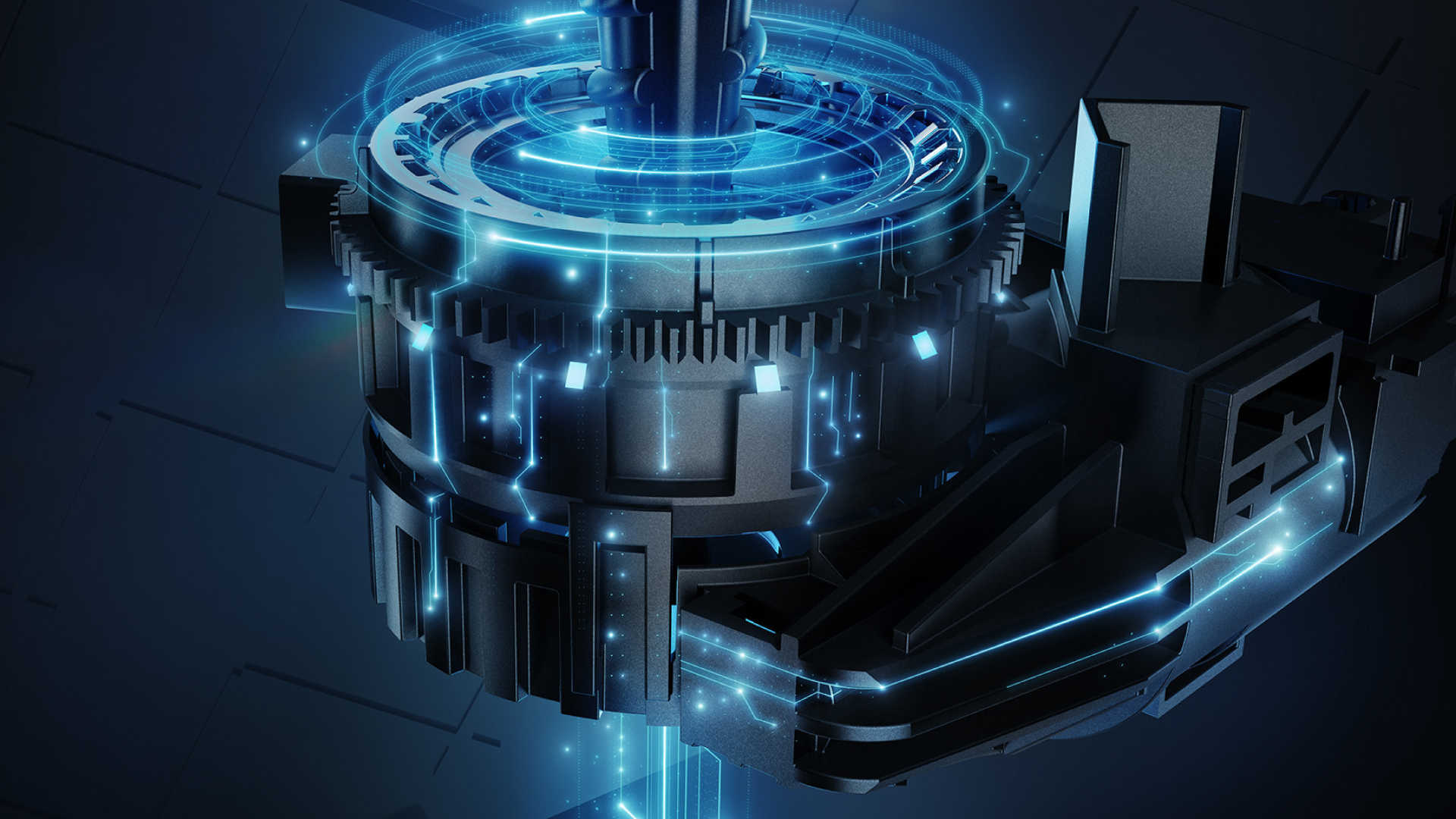 Een donkerblauwe afbeelding toont een mechanisch apparaat met blauwe lichteffecten, met details van tandwielen en structurele elementen.