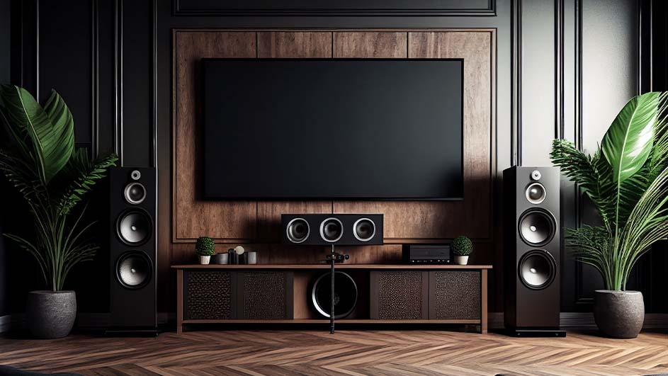 A living room features a large TV above a wooden console, flanked by tall speakers and potted plants on a herringbone floor.