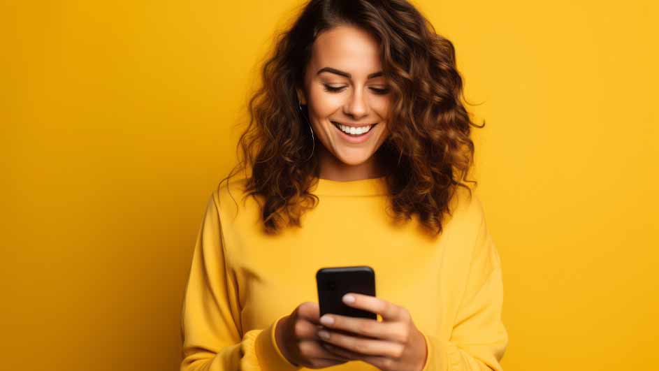 Vrouw lacht en kijkt naar een zwarte telefoon in haar handen, gele trui, gele achtergrond.