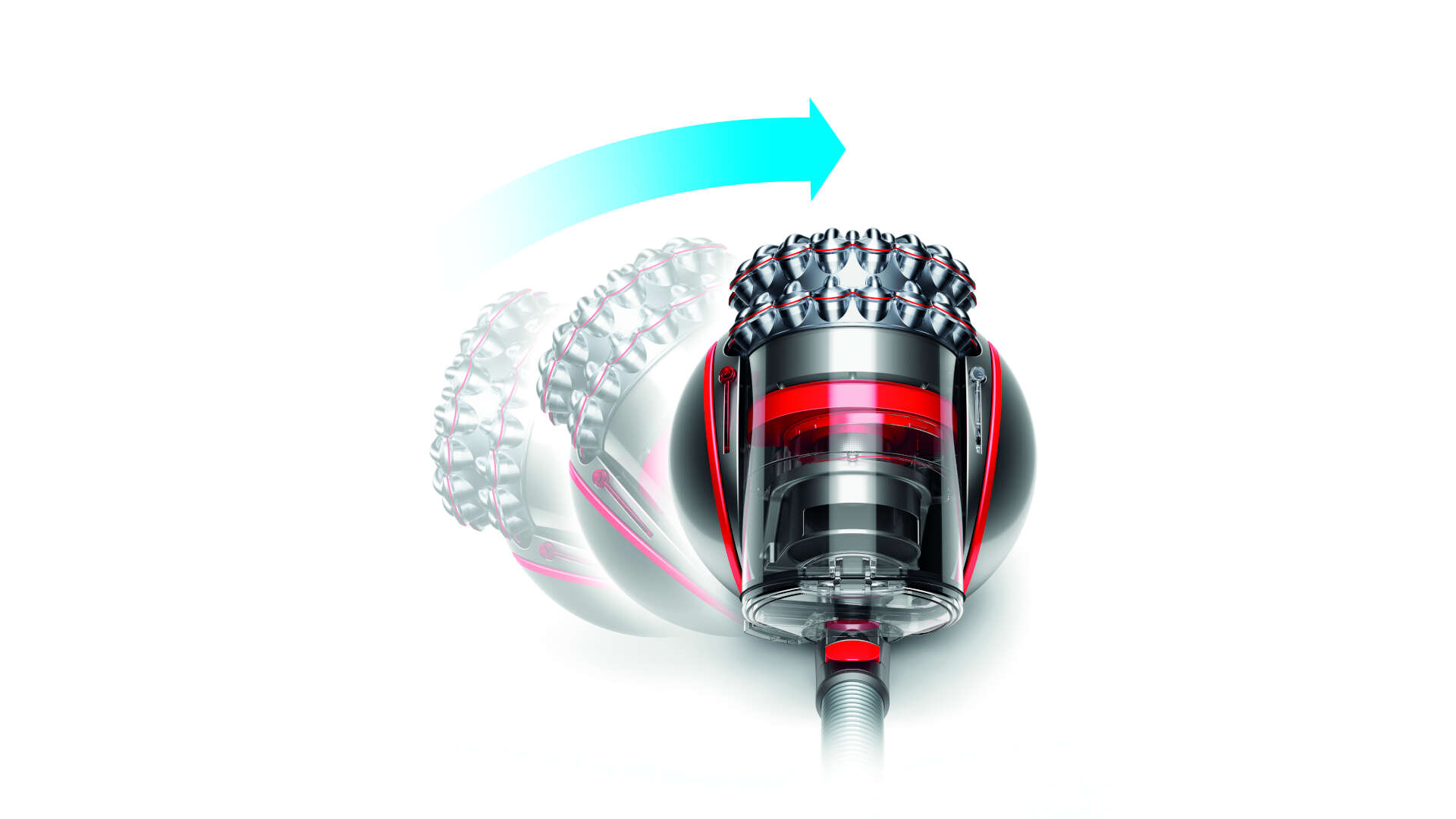 Een stofzuiger met een doorzichtige bolvormige behuizing, rode accenten en een blauwe pijl die de beweging aangeeft.