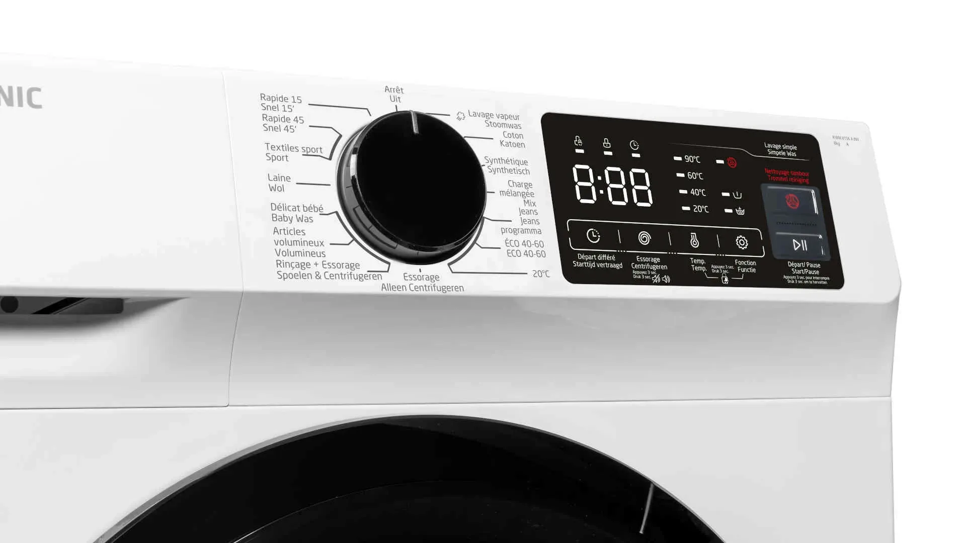 Wasmachine met programmaknop, digitaal display en knoppen voor temperatuur, centrifugeren en start/pauze. Witte machine.