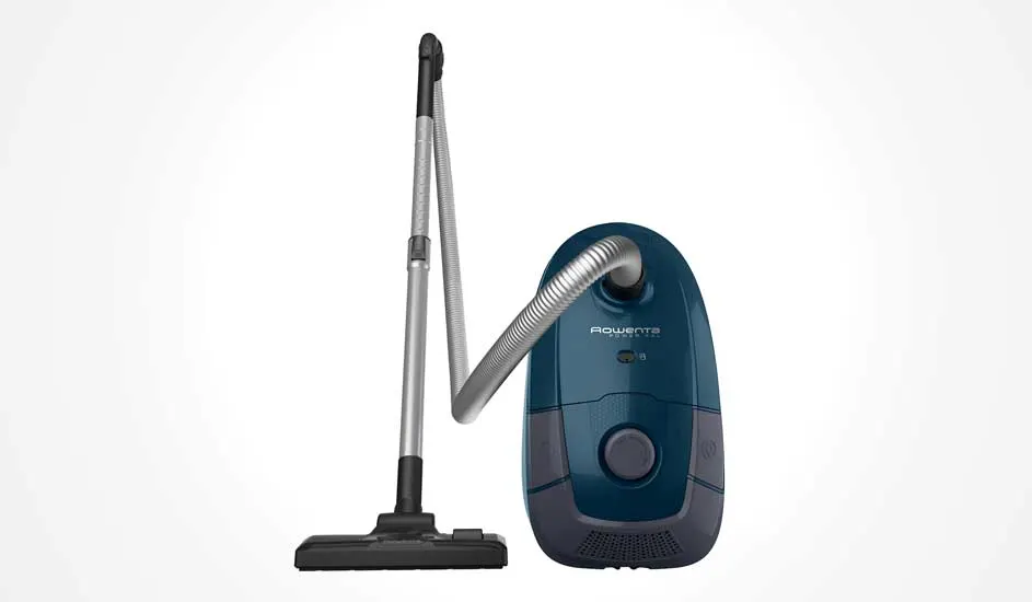 A dark blue Rowenta cylinder vacuum stands upright, silver hose and wand leading to a wide black floorhead on a white background.