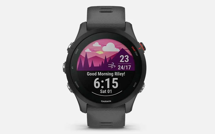Garmin Forerunner 255 sports watch with colourful screen shows time, date and morning greeting, plus weather and fitness info.