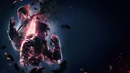 Twee vechtersfiguren, omgeven door rode en zwarte energie, staan tegen een donkerblauwe achtergrond.