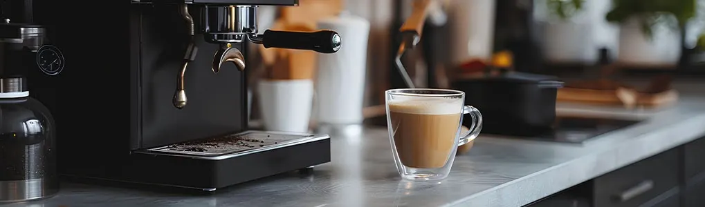 A coffee machine is placed beside a clear mug filled with coffee on a gray countertop in a kitchen setting.