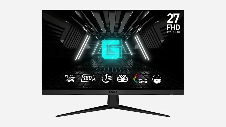 Een zwarte MSI monitor staat op een witte achtergrond met een blauw logo op het scherm.