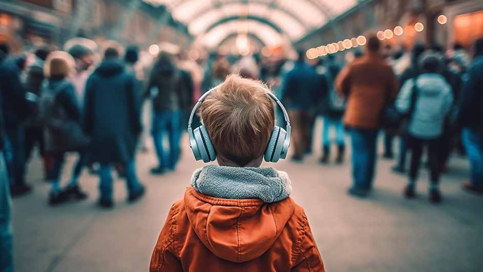 A child with headphones in a crowd, viewed from behind, wears an orange jacket and gray scarf. Overhead lights blur.