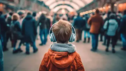 A child with headphones in a crowd, viewed from behind, wears an orange jacket and gray scarf. Overhead lights blur.