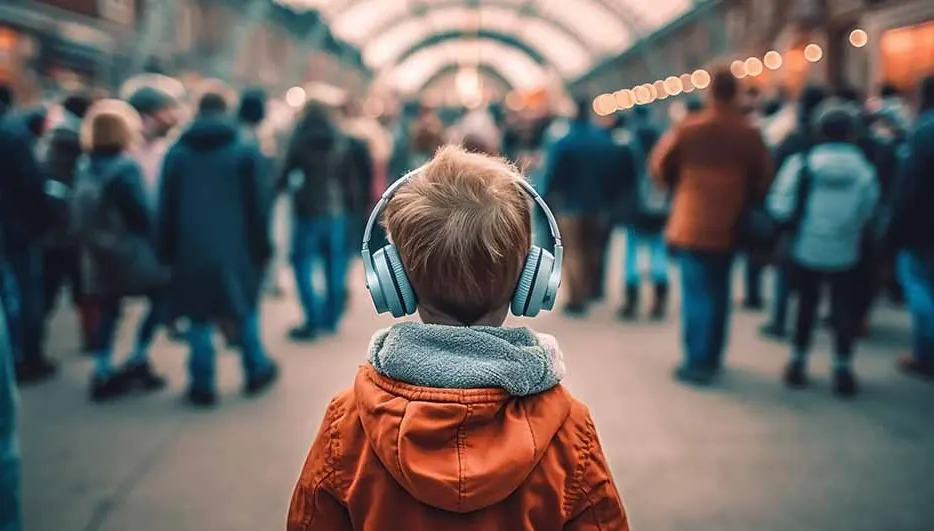 A child with headphones in a crowd, viewed from behind, wears an orange jacket and gray scarf. Overhead lights blur.