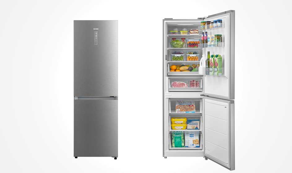 A silver fridge freezer stands beside an open version, with full shelves, drinks in the door and freezer compartments at the bottom.