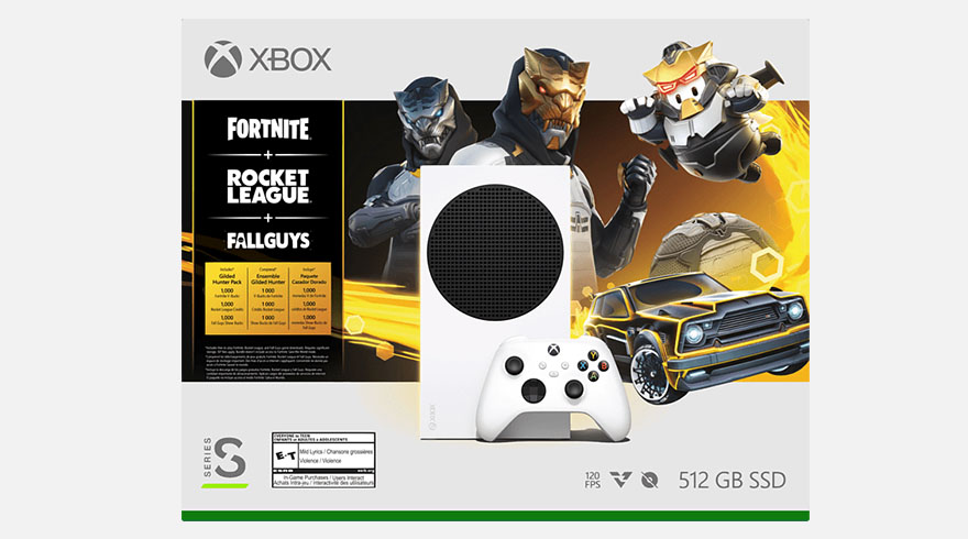 Xbox Series S-bundel met console, controller en game-illustraties van Fortnite, Rocket League en Fall Guys.