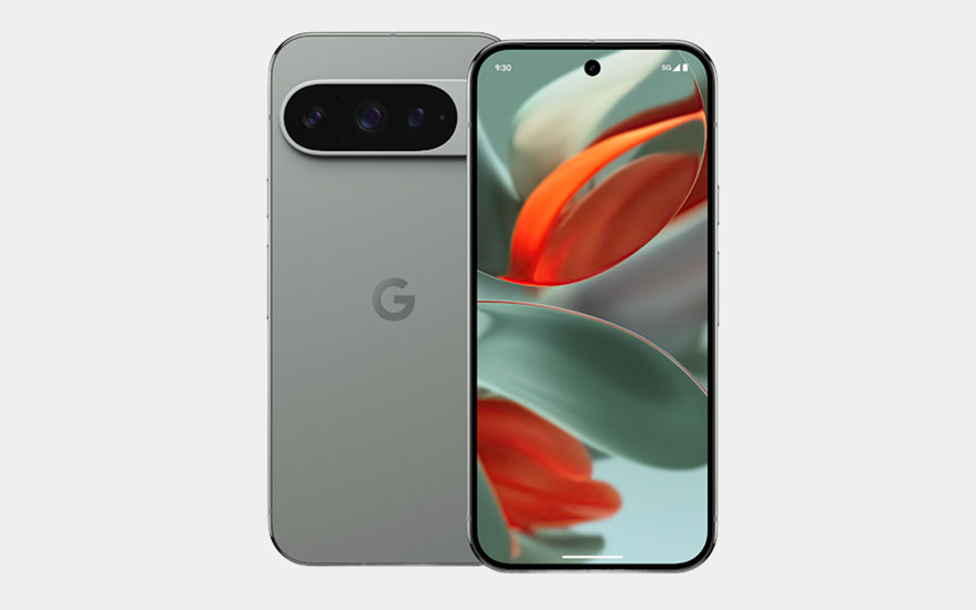 Een grijze Google Pixel 9 Pro smartphone met drievoudige camera toont een kleurrijk abstract scherm met groene en rode tinten.