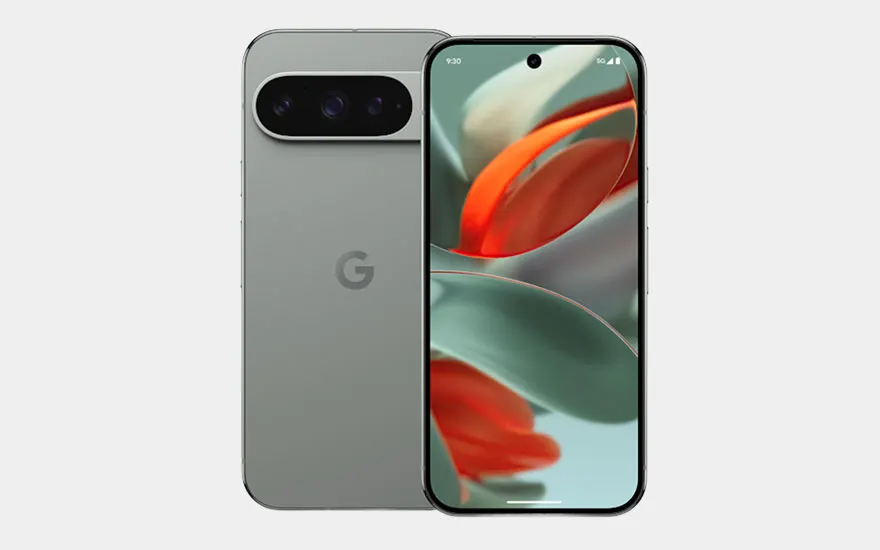 Een grijze Google Pixel 9 Pro smartphone met drievoudige camera toont een kleurrijk abstract scherm met groene en rode tinten.