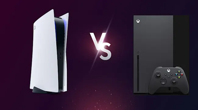 The image shows a white PlayStation 5 on the left, a gray Xbox Series X with a controller on the right, and a white "Vs" in the middle.