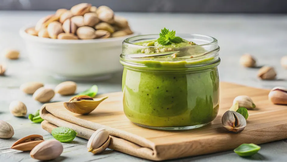 Een pot groene pistachepasta met munt op een houten plank, met een kom pistachenoten op de achtergrond.