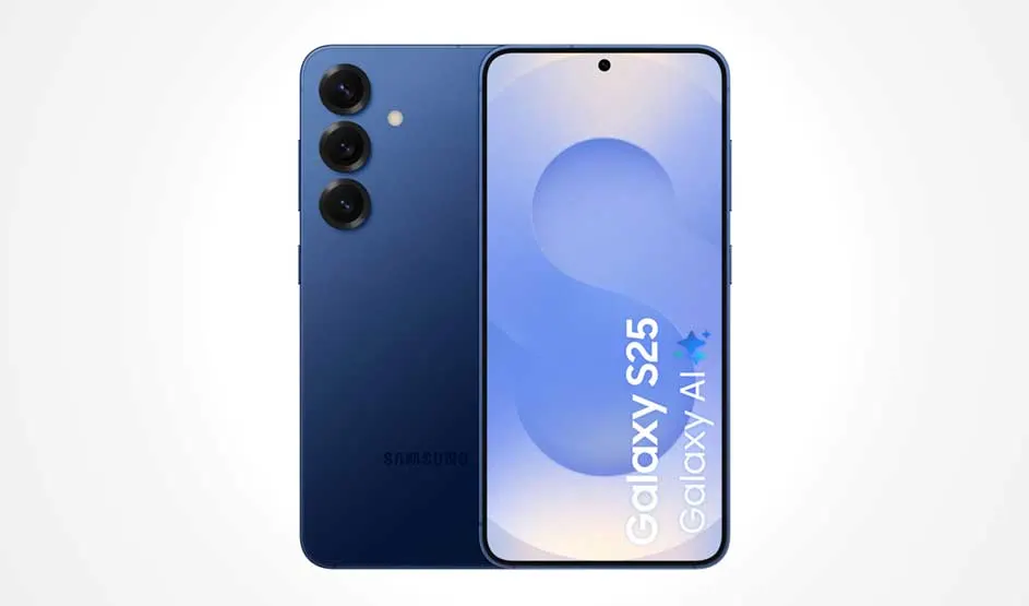 Een blauwe Samsung Galaxy S25 met drie camera’s achterop en een groot scherm waarop “Galaxy S25 Galaxy AI” staat.