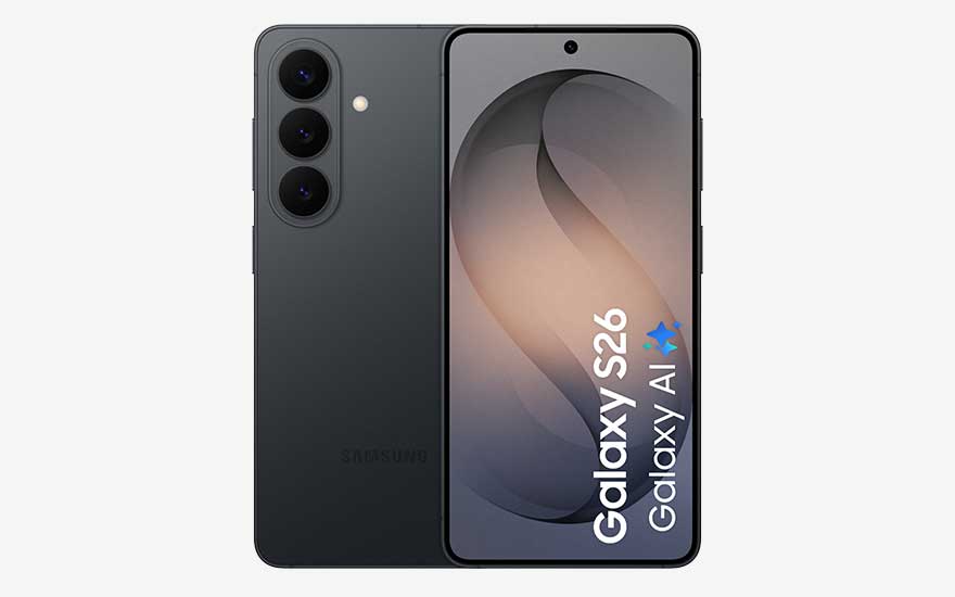 Black Samsung Galaxy S26, front display shows S26 graphic and “Galaxy AI”, rear carries three round cameras and discreet logo.