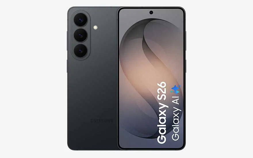Black Samsung Galaxy S26, front display shows S26 graphic and “Galaxy AI”, rear carries three round cameras and discreet logo.