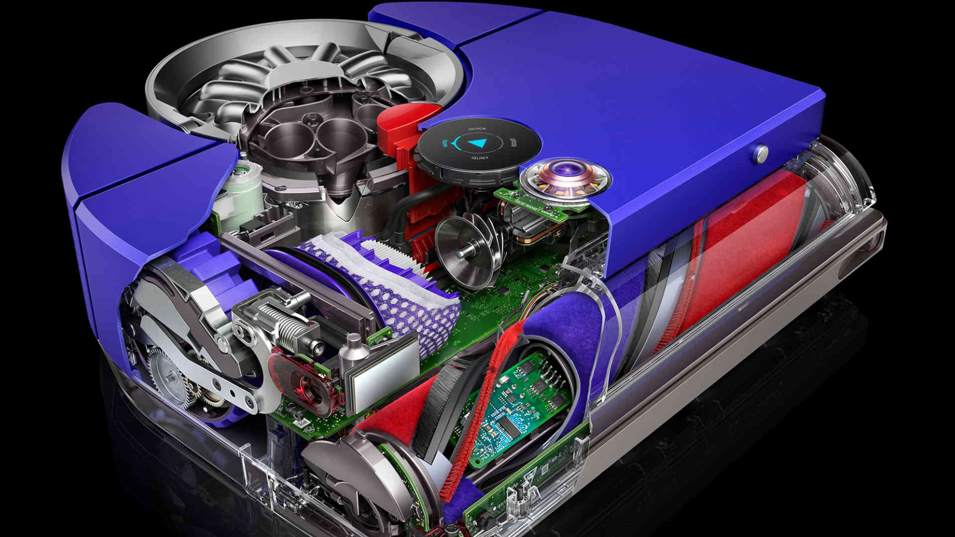 Doorsnede van een robotstofzuiger met blauwe, rode, paarse en zilveren onderdelen in een transparante behuizing op een zwarte achtergrond.