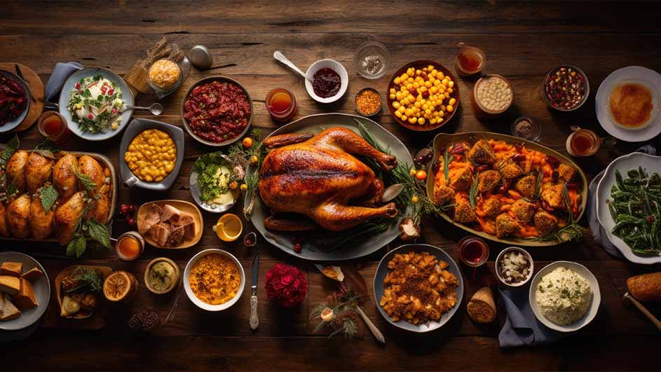 Een feestelijke tafel vol gerechten, met gebraden kip centraal. Diverse kommen met groenten, aardappelen en sauzen staan eromheen.