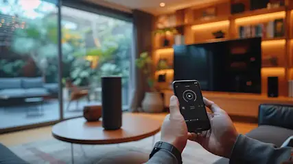 Een persoon bedient een smartphone naast een speaker op een ronde tafel. Achtergrond: een tv, boekenkast en tuin zichtbaar door een raam.
