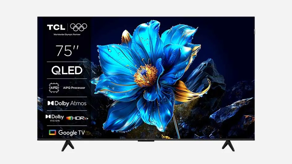 TCL QLED-televisie met een felblauwe bloem op het scherm, weergegeven tegen een witte achtergrond.
