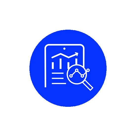 Witte lijngrafiek op blauwe achtergrond met een vergrootglas dat een datapunten visualiseert.