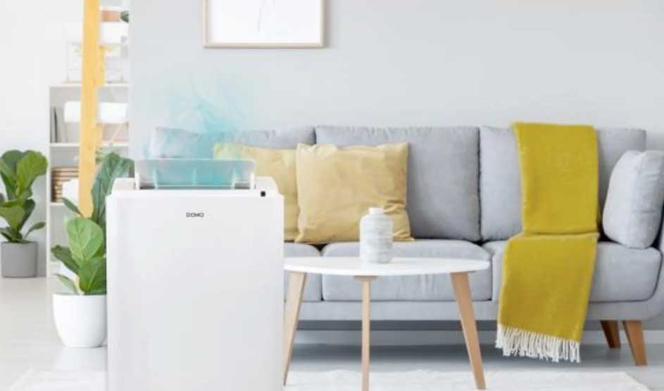 A Domo air purifier is in front of a grey sofa with yellow blanket and plants, in a bright modern living room.