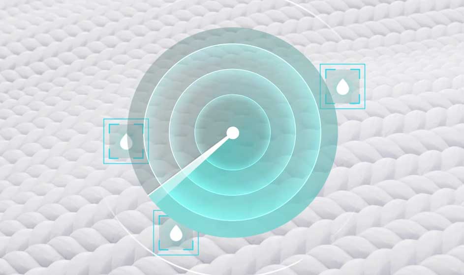 Een witte gewatteerde stof wordt getoond met turquoise radarcirkels en kleine vochticonen, alsof sensoren de droogte meten.