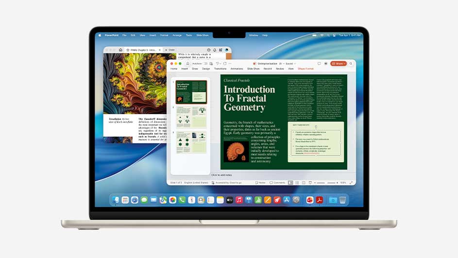 MacBook Air 13 desktop with windows of a presentation on fractal geometry, featuring vivid illustrations, slide thumbnails and detailed explanatory text.