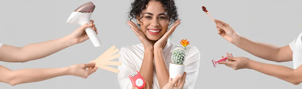 Woman with beauty items: hair dryer, wax strips, epilator, wax stick, razor, and cactus with flower.
